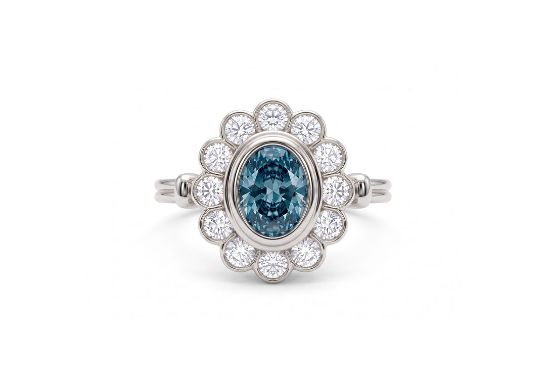 • Bague de fiançailles Sous ton charme avec diamant de laboratoire bleu et or blanc – Flamme en Rose
