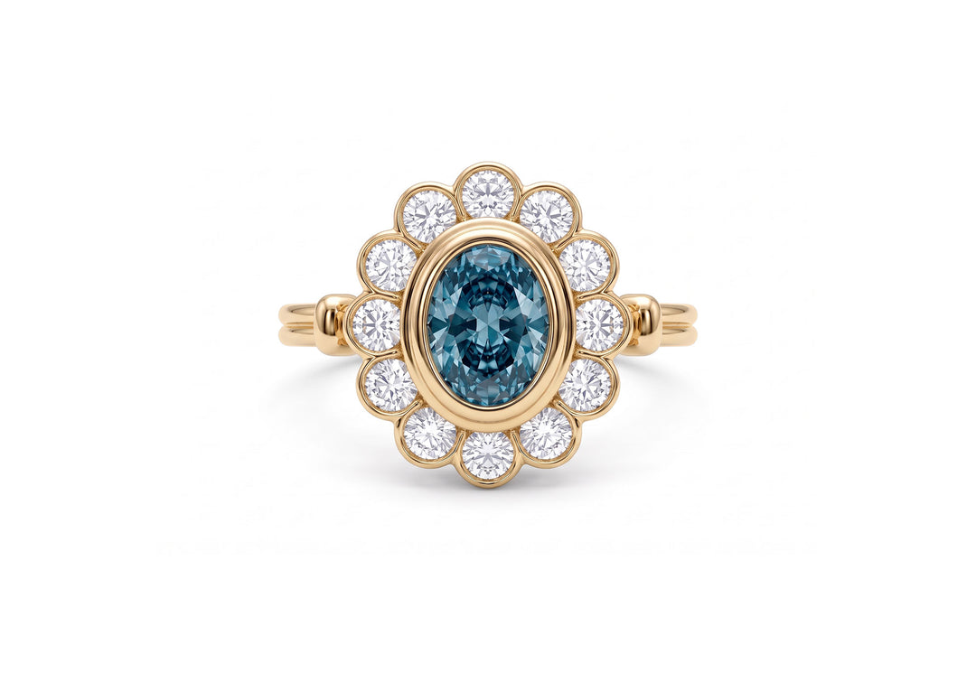 • Bague de fiançailles Sous ton charme avec diamant de laboratoire bleu et or jaune – Flamme en Rose