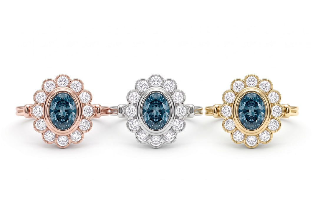 Bague de fiançailles Sous ton charme, trio de diamants de laboratoire verts – Flamme en Rose