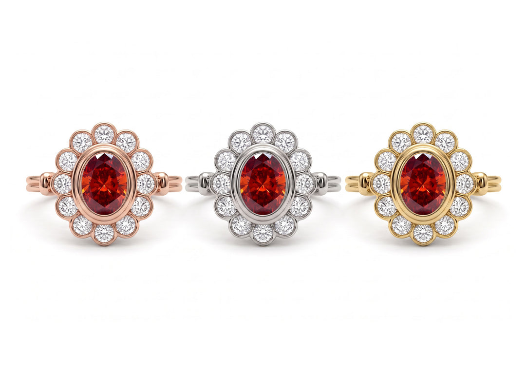 Bague de fiançailles Sous ton charme, trio de diamants de laboratoire oranges – Flamme en Rose