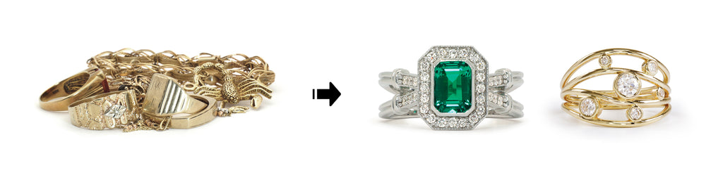 Transformation de bijoux : ancien or et pierres récupérés pour créer deux nouvelles bagues sur mesure, une en or blanc avec une émeraude et l’autre en or jaune avec diamants.
