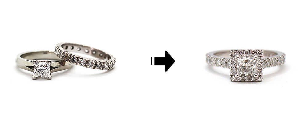 Transformation d’anciennes alliances en une bague  moderne en or blanc. Le diamant taille princesse est réutilisé au centre, entouré d’un halo de petits diamants. Le corps est pavé sur toute sa largeur pour un effet éclatant et équilibré.