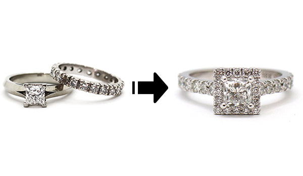 Transformation d’anciennes alliances en une bague  moderne en or blanc. Le diamant taille princesse est réutilisé au centre, entouré d’un halo de petits diamants. Le corps est pavé sur toute sa largeur pour un effet éclatant et équilibré.