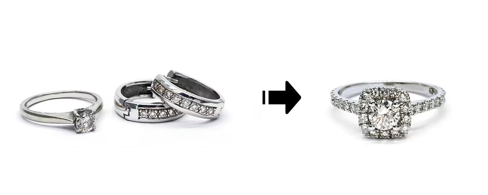 Transformation de trois bagues en or blanc en une seule pièce sur mesure. Le diamant central est réutilisé dans une nouvelle monture avec halo de petits diamants et corps pavé, pour un design classique et lumineux.