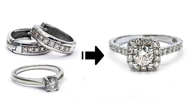 Transformation de trois bagues en or blanc en une seule pièce sur mesure. Le diamant central est réutilisé dans une nouvelle monture avec halo de petits diamants et corps pavé, pour un design classique et lumineux.