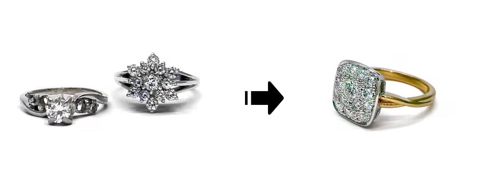 Transformation de deux bagues en or blanc en une seule création moderne. Les diamants récupérés sont regroupés en pavé sur une large plaque carrée à serti grain, montée sur un anneau en or jaune poli. Un contraste élégant entre vintage et contemporain.