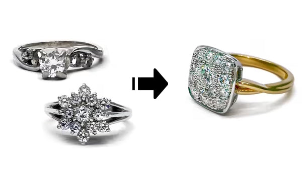 Transformation de deux bagues en or blanc en une seule création moderne. Les diamants récupérés sont regroupés en pavé sur une large plaque carrée à serti grain, montée sur un anneau en or jaune poli. Un contraste élégant entre vintage et contemporain.