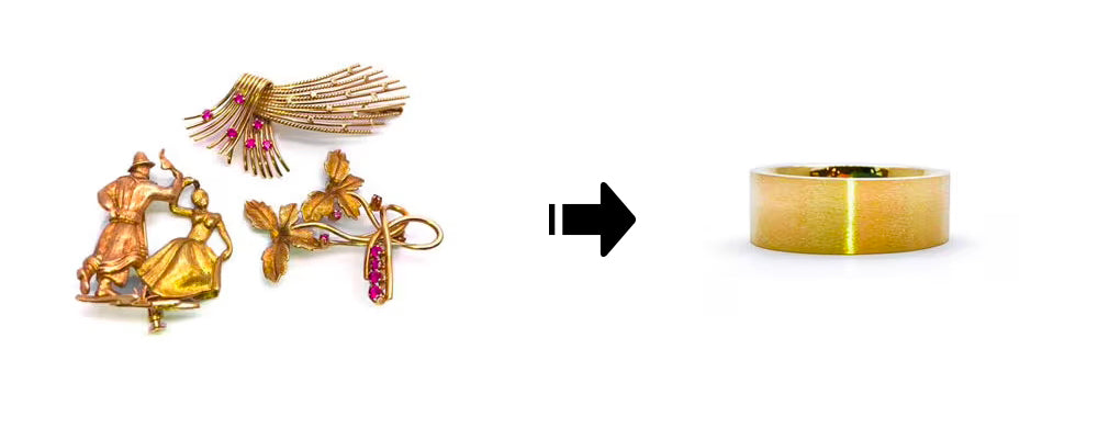 Flamme en Rose SEO Writer a dit :

Transformation de broches vintage en or jaune en un jonc massif minimaliste. L’or récupéré de plusieurs bijoux décoratifs a été fondu puis retravaillé pour créer une pièce sobre et moderne.
