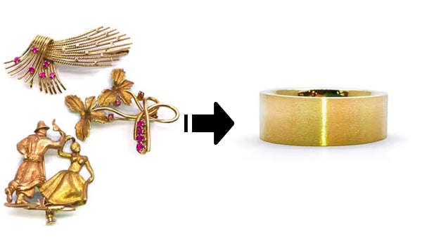 Flamme en Rose SEO Writer a dit :

Transformation de broches vintage en or jaune en un jonc massif minimaliste. L’or récupéré de plusieurs bijoux décoratifs a été fondu puis retravaillé pour créer une pièce sobre et moderne.