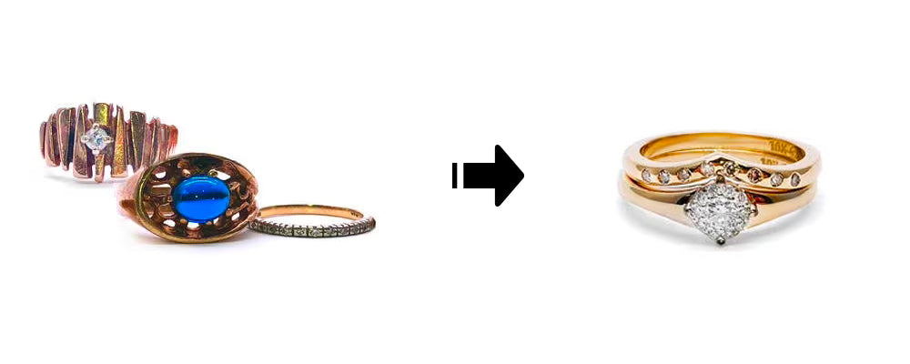 Transformation de trois bagues anciennes en un ensemble de mariage. Création en or jaune comprenant une bague de fiançailles avec diamant central taille coussin en serti clos, accompagnée d’un jonc de mariage incurvé pavé de petits diamants.