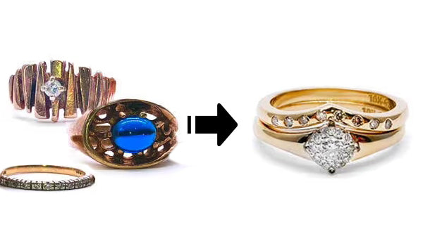 Transformation de trois bagues anciennes en un ensemble de mariage. Création en or jaune comprenant une bague de fiançailles avec diamant central taille coussin en serti clos, accompagnée d’un jonc de mariage incurvé pavé de petits diamants.