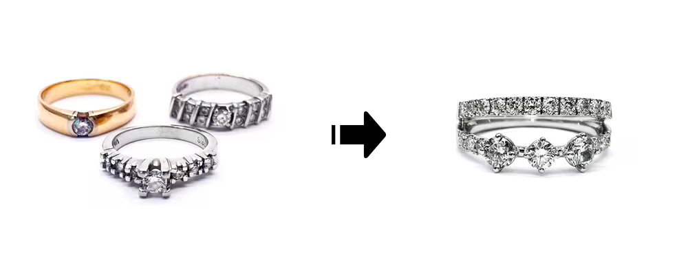 Transformation de trois anciennes alliances en une bague contemporaine au design unique. Création en or blanc composée de deux anneaux reliés : le supérieur entièrement pavé, le inférieur serti de trois diamants principaux encadrés de deux plus petits, pour un effet graphique et structuré.