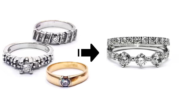 Transformation de trois anciennes alliances en une bague contemporaine au design unique. Création en or blanc composée de deux anneaux reliés : le supérieur entièrement pavé, le inférieur serti de trois diamants principaux encadrés de deux plus petits, pour un effet graphique et structuré.