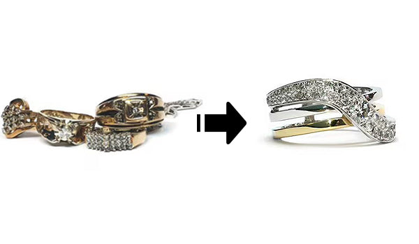 Transformation de plusieurs bijoux hérités en une seule bague sur mesure. Design en vague à trois bandes entrelacées en or jaune et or blanc, accentué par un pavé de diamants sur la courbe supérieure. Une pièce contemporaine et symbolique qui réunit plusieurs souvenirs en un seul bijou.
