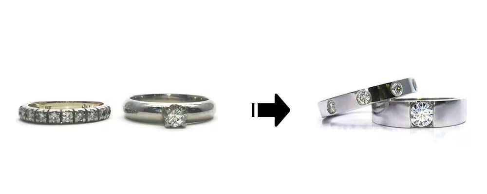 Transformation d’une bague de fiançailles et d’un jonc de mariage en deux alliances modernes distinctes. L’or a été recyclé pour créer deux anneaux épurés en or blanc, chacun serti de diamants récupérés: l’un avec un diamant central en serti tension, l’autre avec trois diamants ronds espacés.