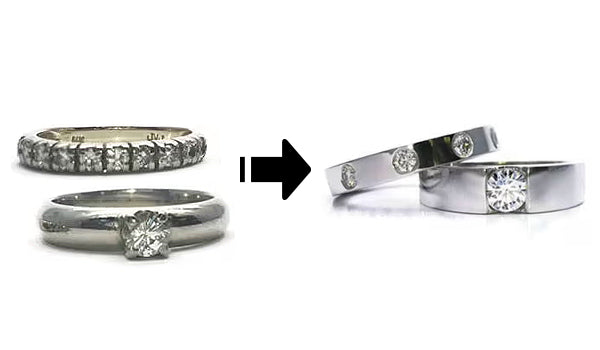 Transformation d’une bague de fiançailles et d’un jonc de mariage en deux alliances modernes distinctes. L’or a été recyclé pour créer deux anneaux épurés en or blanc, chacun serti de diamants récupérés: l’un avec un diamant central en serti tension, l’autre avec trois diamants ronds espacés.