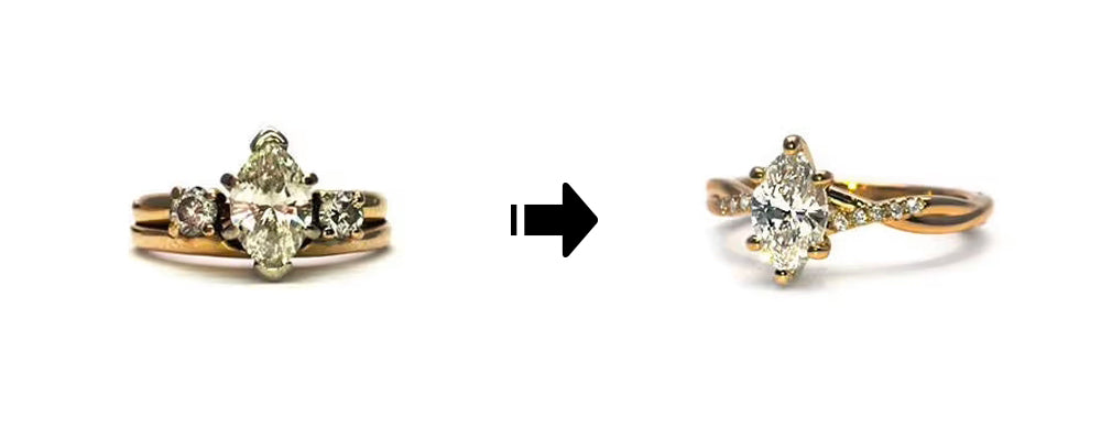 Modernisation d’une bague en or jaune avec diamant marquise sans en altérer l’esprit original. Le diamant central a été conservé, repositionné sur une monture plus fine et élancée avec un anneau torsadé pavé de petits diamants.