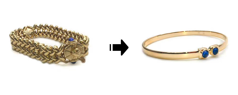 Transformation d’un bracelet vintage en or jaune de style rétro, à maillons larges et motif central orné de pierres bleues, en un bracelet jonc épuré. Le nouveau design, minimaliste et contemporain, conserve deux pierres originales serties en face à face, pour une touche de couleur discrète.