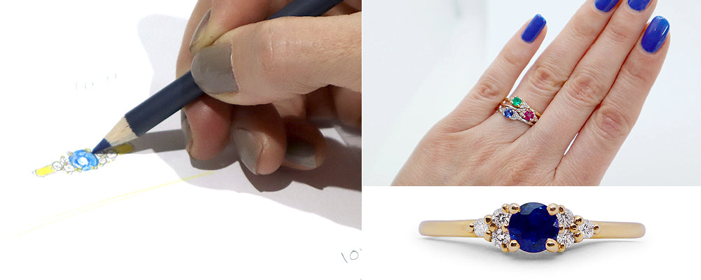 Montage de trois images illustrant le processus de création d’une bague en or jaune avec pierre précieuse de couleur : croquis à la main, essayage au doigt, et vue finale du bijou terminé.