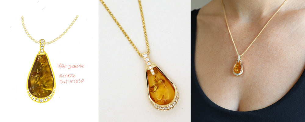 Montage d’un pendentif sur mesure en or jaune 18k avec ambre naturelle et diamants : croquis, bijou fini et photo portée.
