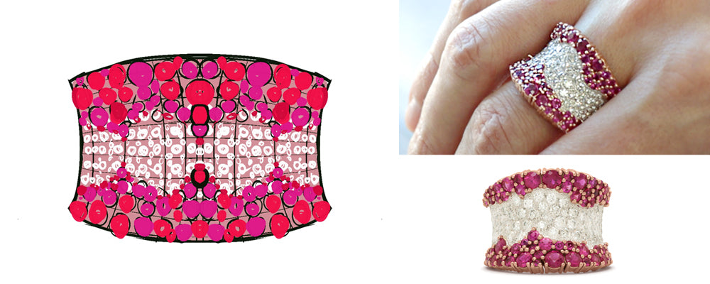 Montage illustrant la création d’une bague prestigieuse en or rose sertie de diamants et de saphirs roses naturels : du croquis initial au bijou porté.