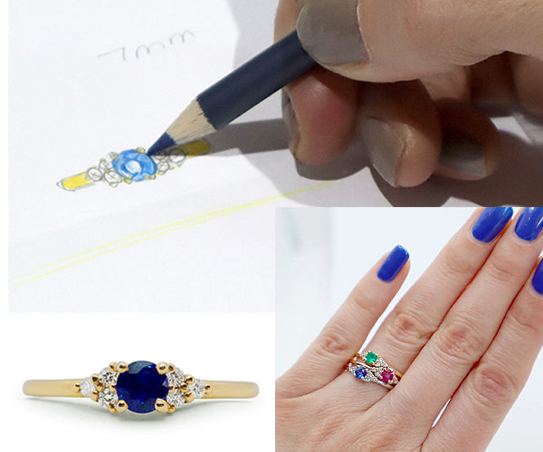 Montage de trois images illustrant le processus de création d’une bague en or jaune avec pierre précieuse de couleur : croquis à la main, essayage au doigt, et vue finale du bijou terminé.