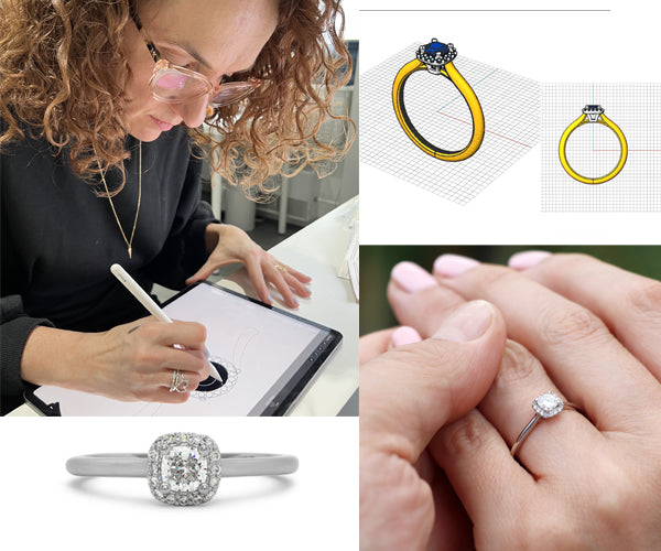 Montage montrant la création d’une bague de fiançailles : croquis numérique, rendus 3D, bijou fini et photo portée par la fiancée.