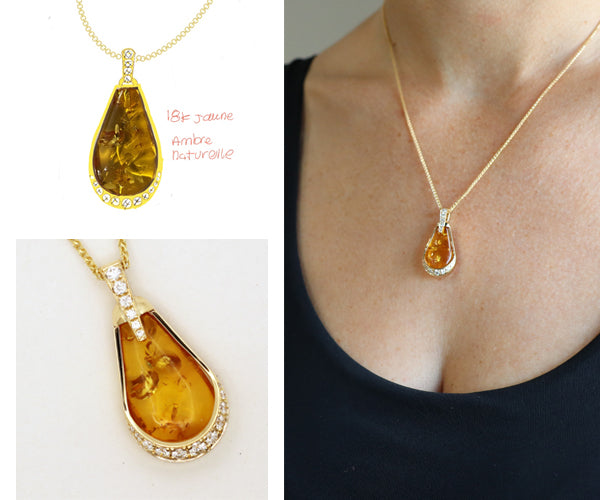Montage d’un pendentif sur mesure en or jaune 18k avec ambre naturelle et diamants : croquis, bijou fini et photo portée.