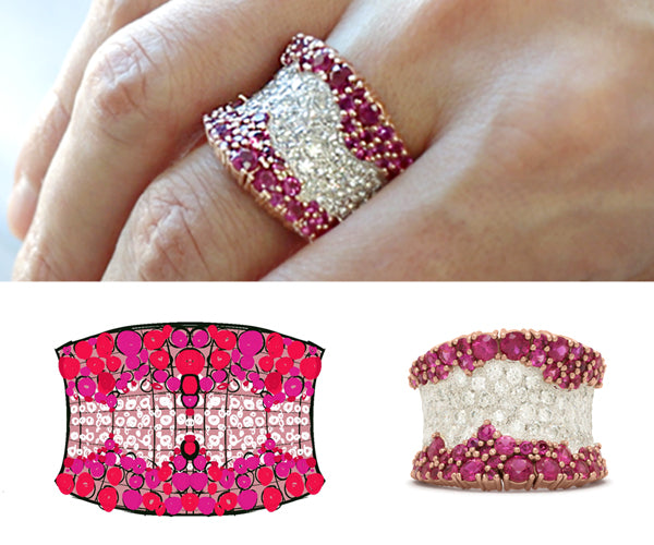 Montage illustrant la création d’une bague prestigieuse en or rose sertie de diamants et de saphirs roses naturels : du croquis initial au bijou porté.