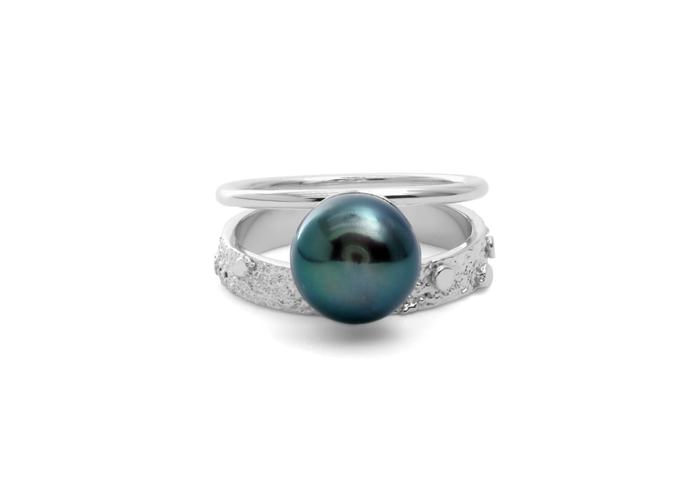 bague perle noire or blanc Double signature perle noire 
